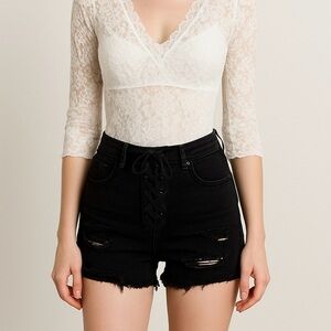 One Teaspoon Black High-Rise Distressed Denim Shorts – Lace-Up Front 25